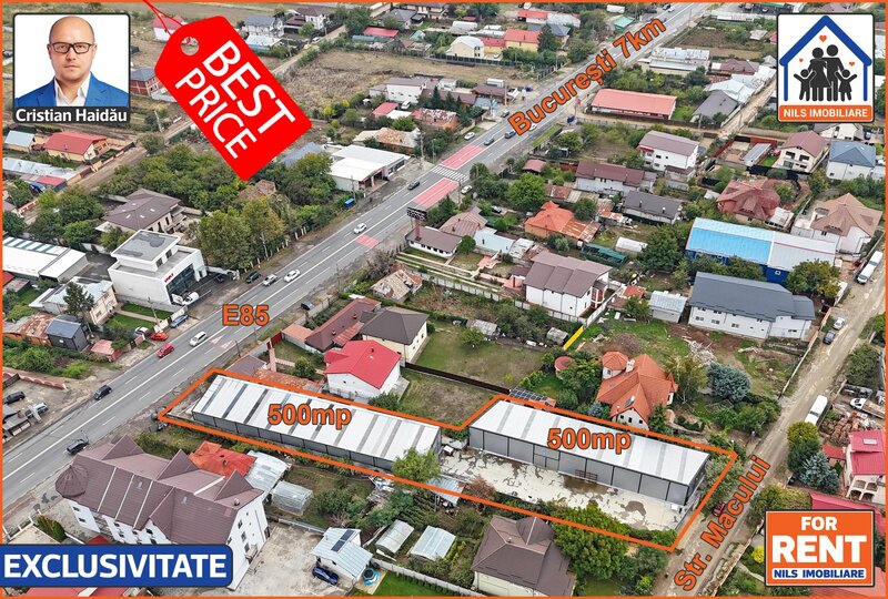 Afumati IF, E85 si Macului, 2 x hala 500 mp, 3,2 E/mp, utilitati,
