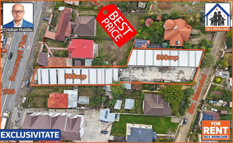 Afumati IF, E85 si Macului, 2 x hala 500 mp, 3,2 E/mp, utilitati,