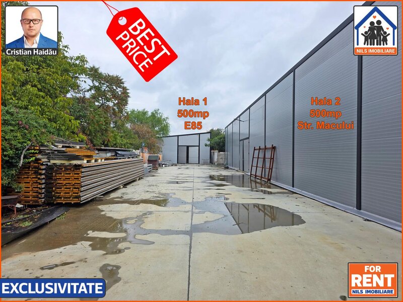 Afumati IF, E85 si Macului, 2 x hala 500 mp, 3,2 E/mp, utilitati,